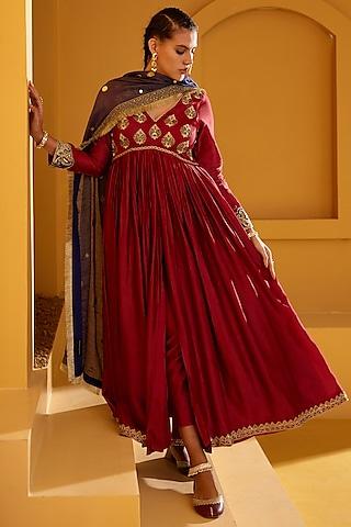 maroon chanderi hand embellished anarkali set