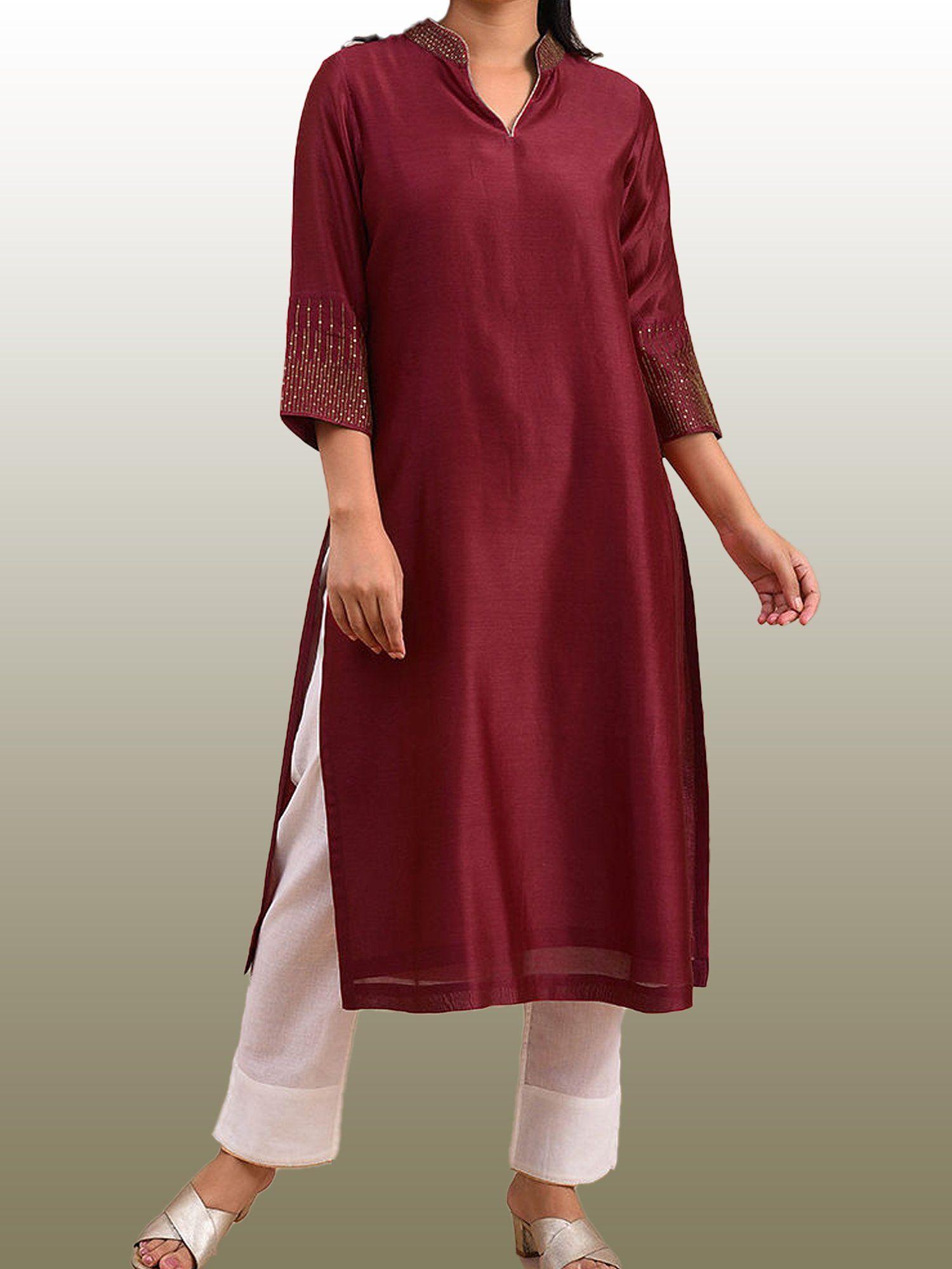 maroon chanderi hand embroidered kurta