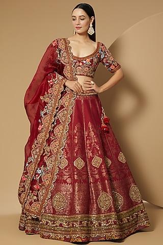 maroon chanderi lehenga set