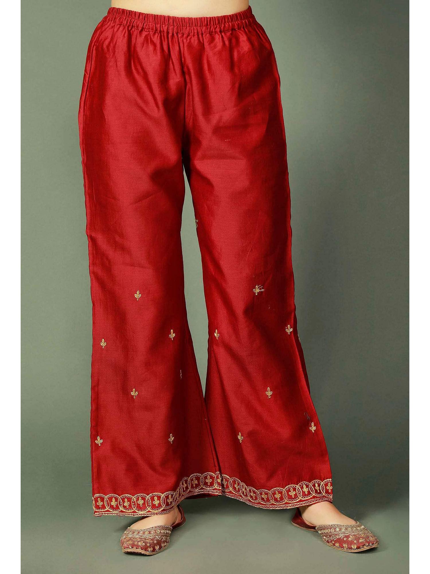 maroon chanderi palazzos with zari embroidery