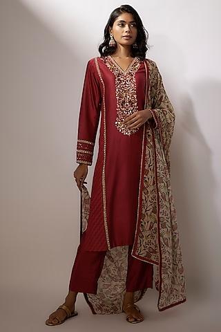 maroon chanderi printed & embroidered kurta set