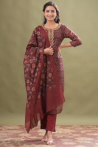 maroon chanderi printed kurta set