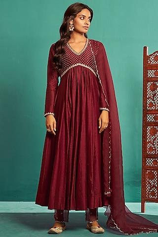 maroon chanderi silk embroidered anarkali set