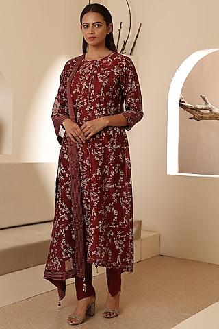 maroon chanderi silk printed a-line kurta set