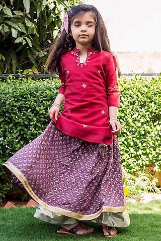 maroon chanderi zari embroidered kurta set for girls
