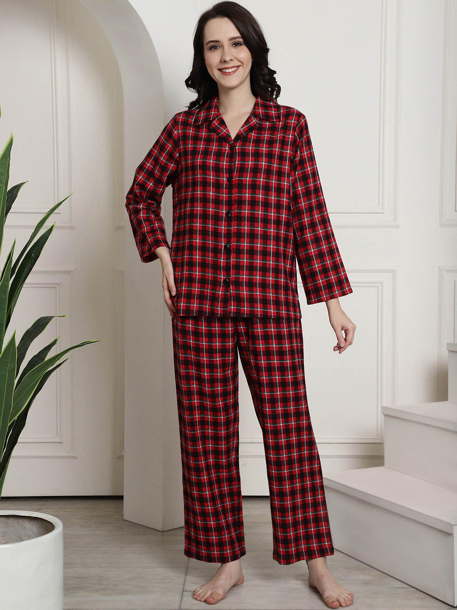 maroon checked cotton flannel night suit (set of 2)