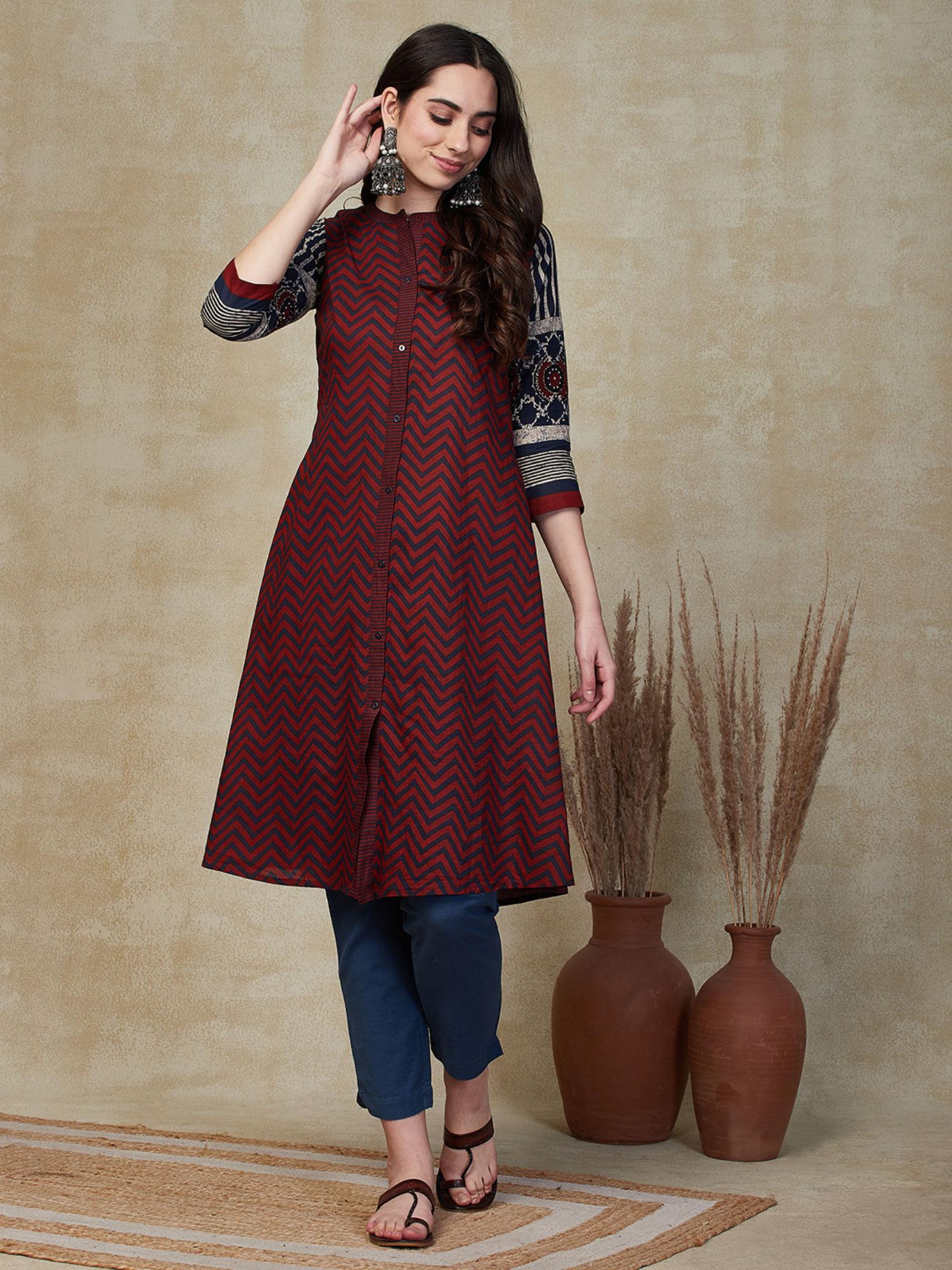 maroon chevron printed a-line kurta