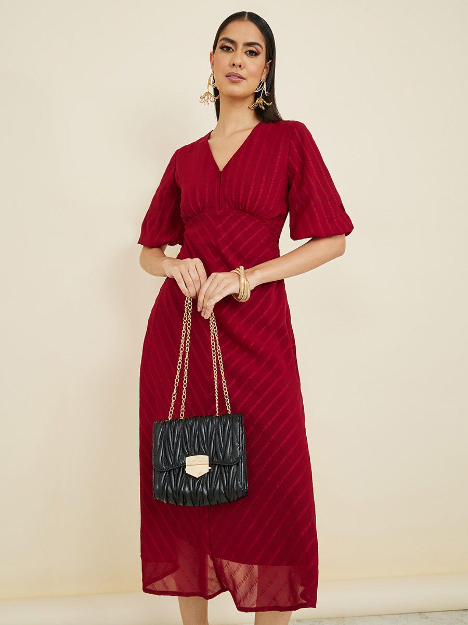 maroon chevron stripes pattern a line midi dress