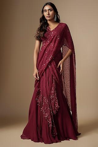 maroon chiffon & organza embellished pre-draped saree set