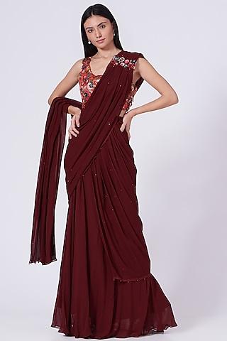 maroon chiffon draped saree set