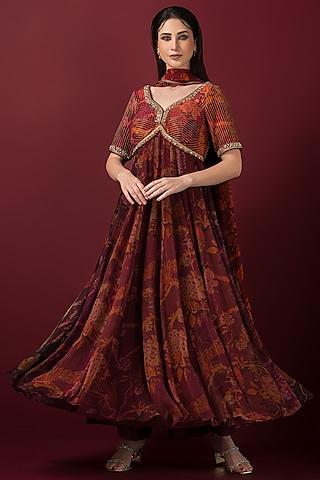 maroon chiffon embroidered & printed anarkali set