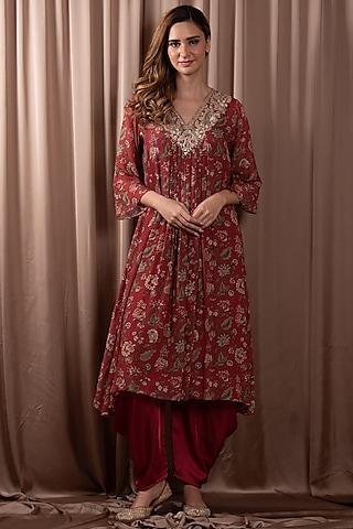 maroon chiffon gathered tunic set