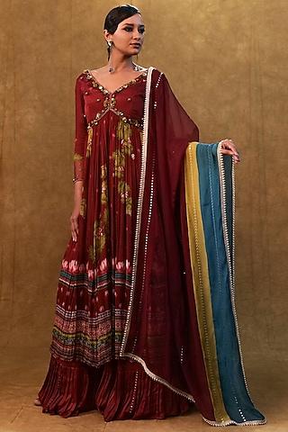 maroon chiffon printed & stone work anarkali set