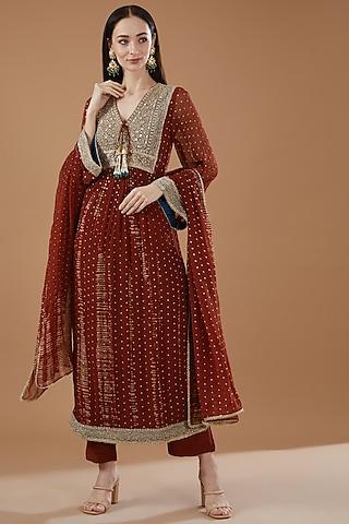 maroon chiffon tie-dye straight kurta set