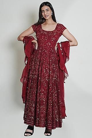 maroon chikankari anarkali set with sequins work