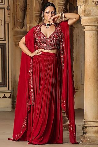 maroon chinon silk embroidered cape set