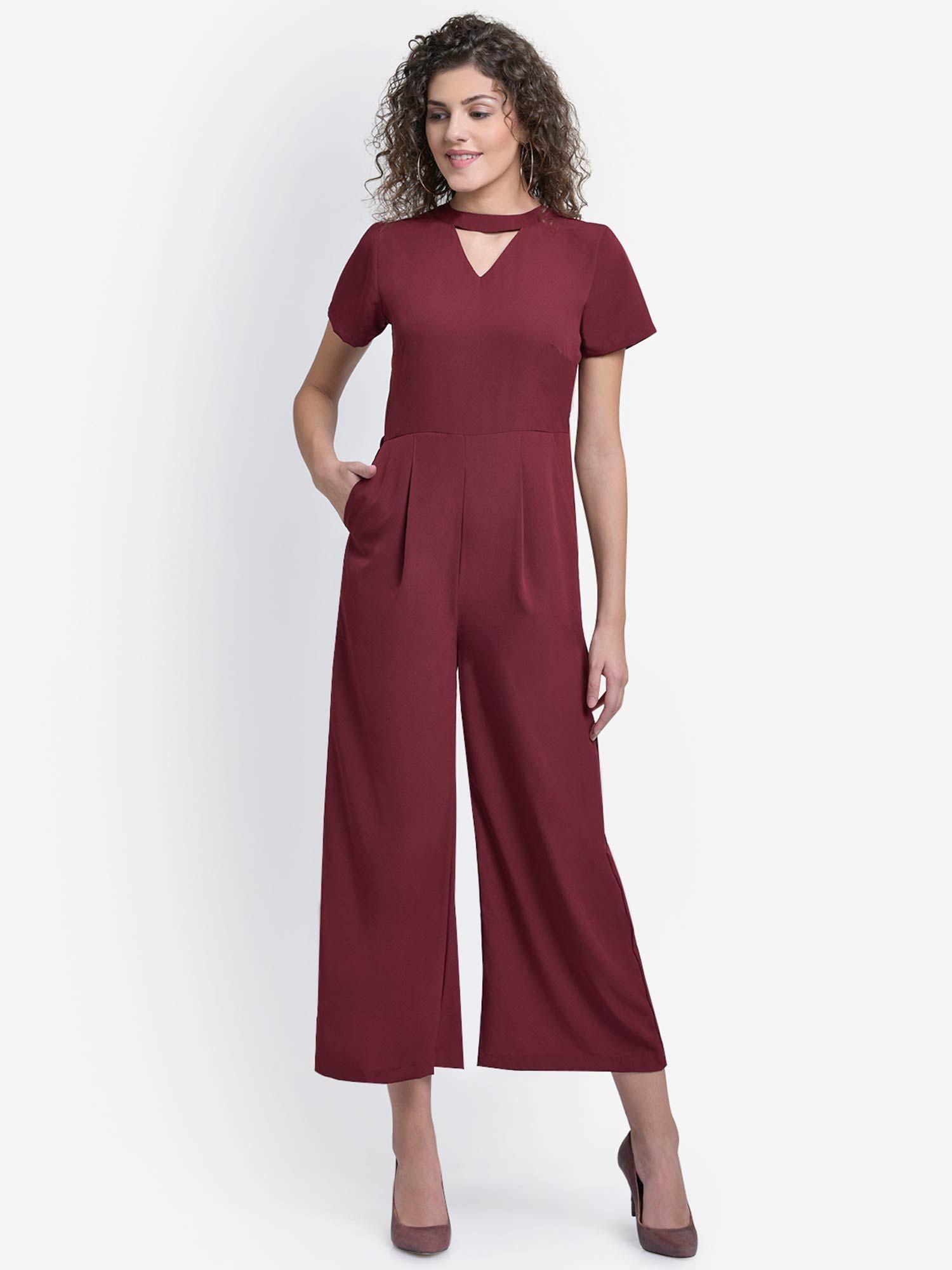 maroon choker neck band jumpsuit