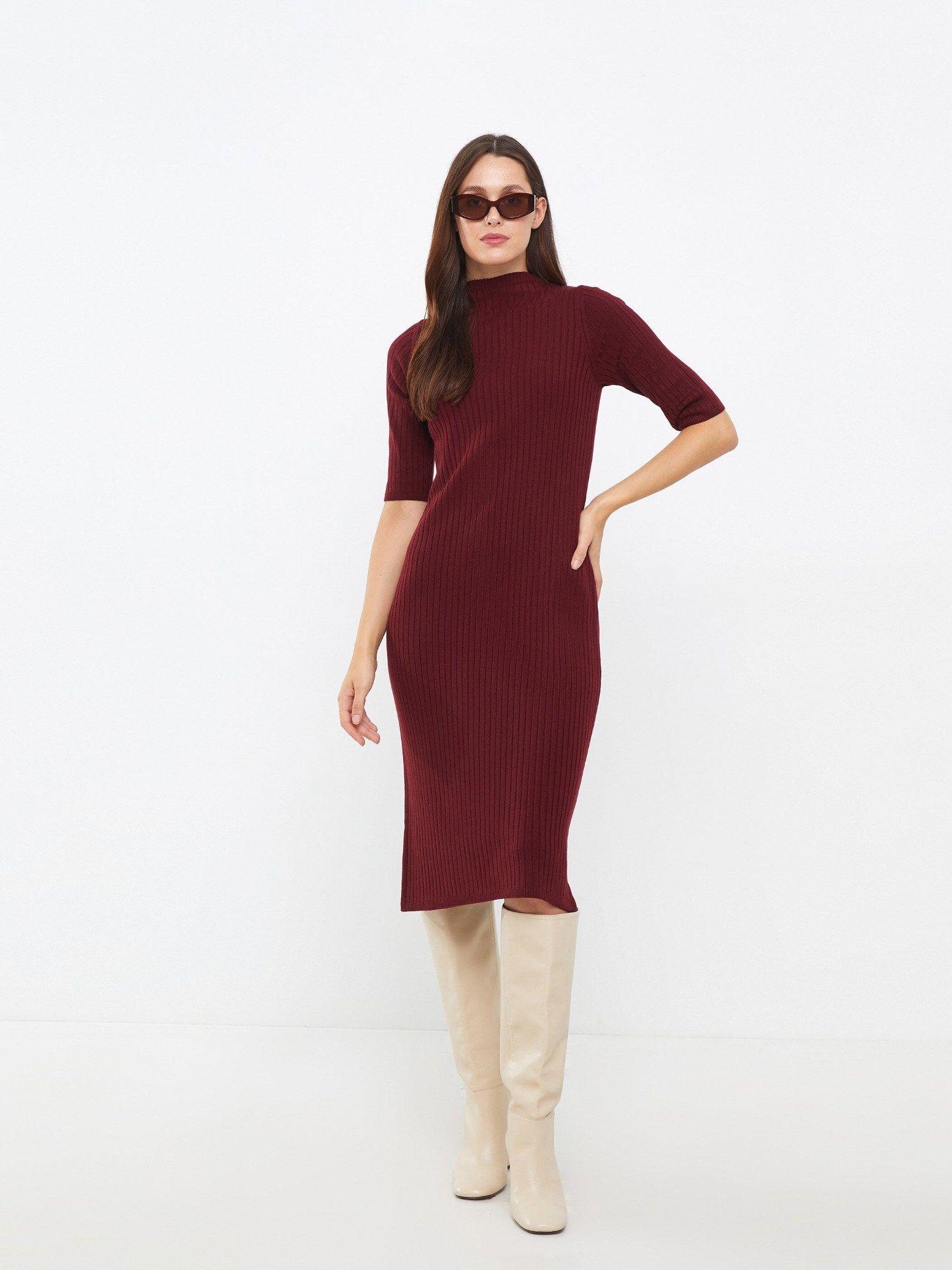 maroon classic half turtleneck straight short sleeve womens knitwear dress