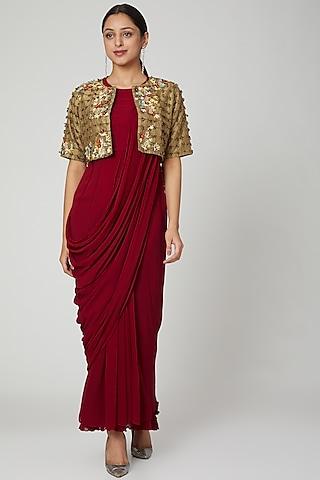 maroon cocktail gown with embellished jacket
