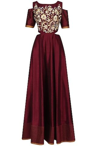 maroon cold shoulder anarkali gown and dupatta set