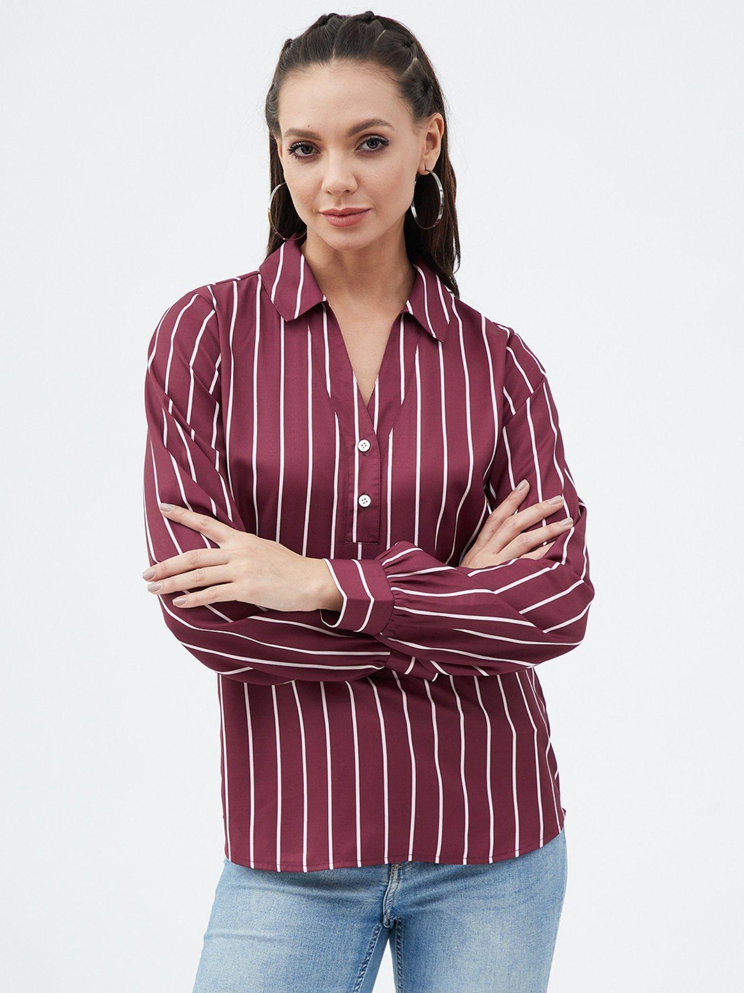 maroon collar neck shirt style striped top