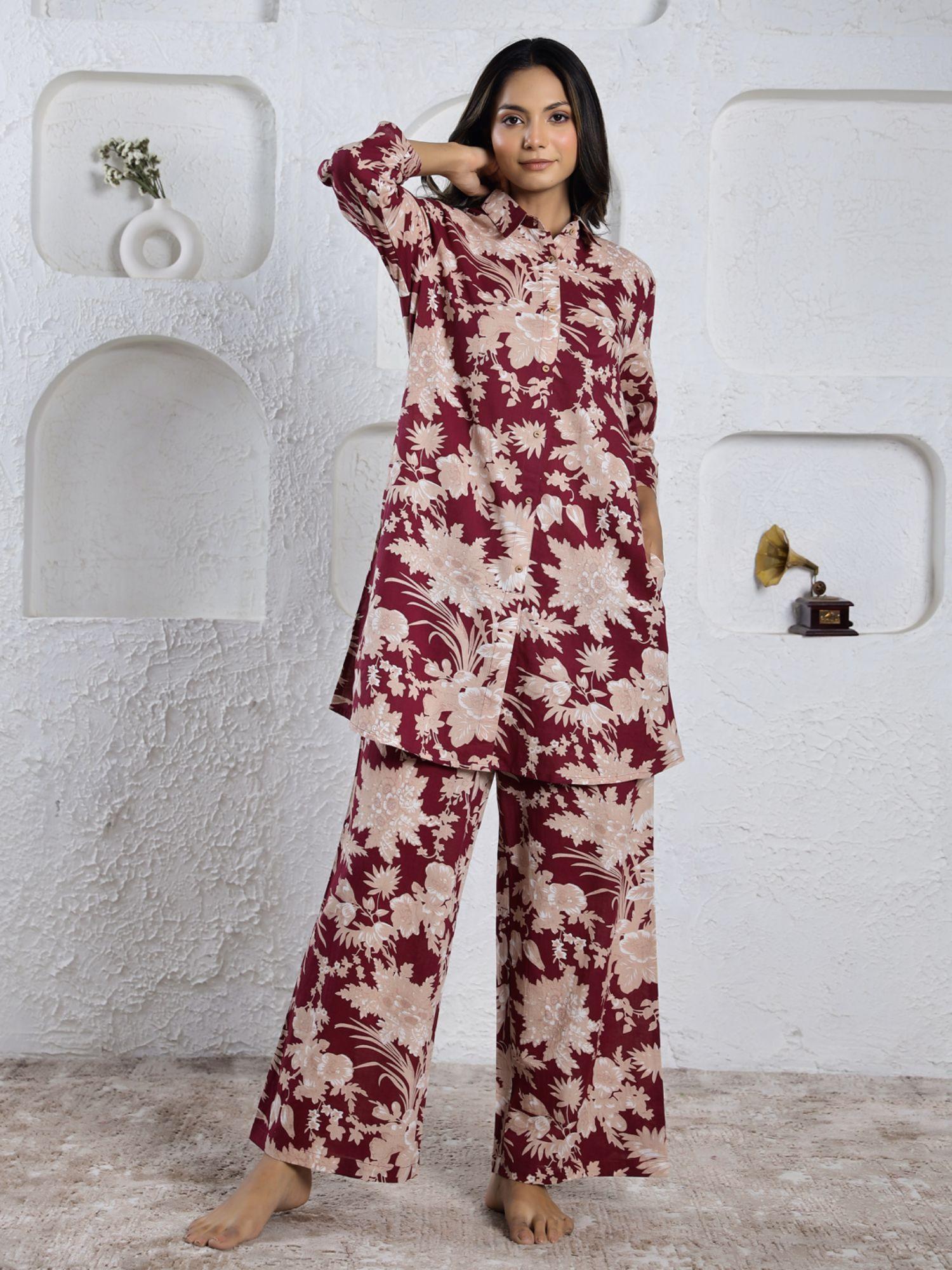 maroon color printed women pure cotton kurti & pyjama night suit (set of 2)