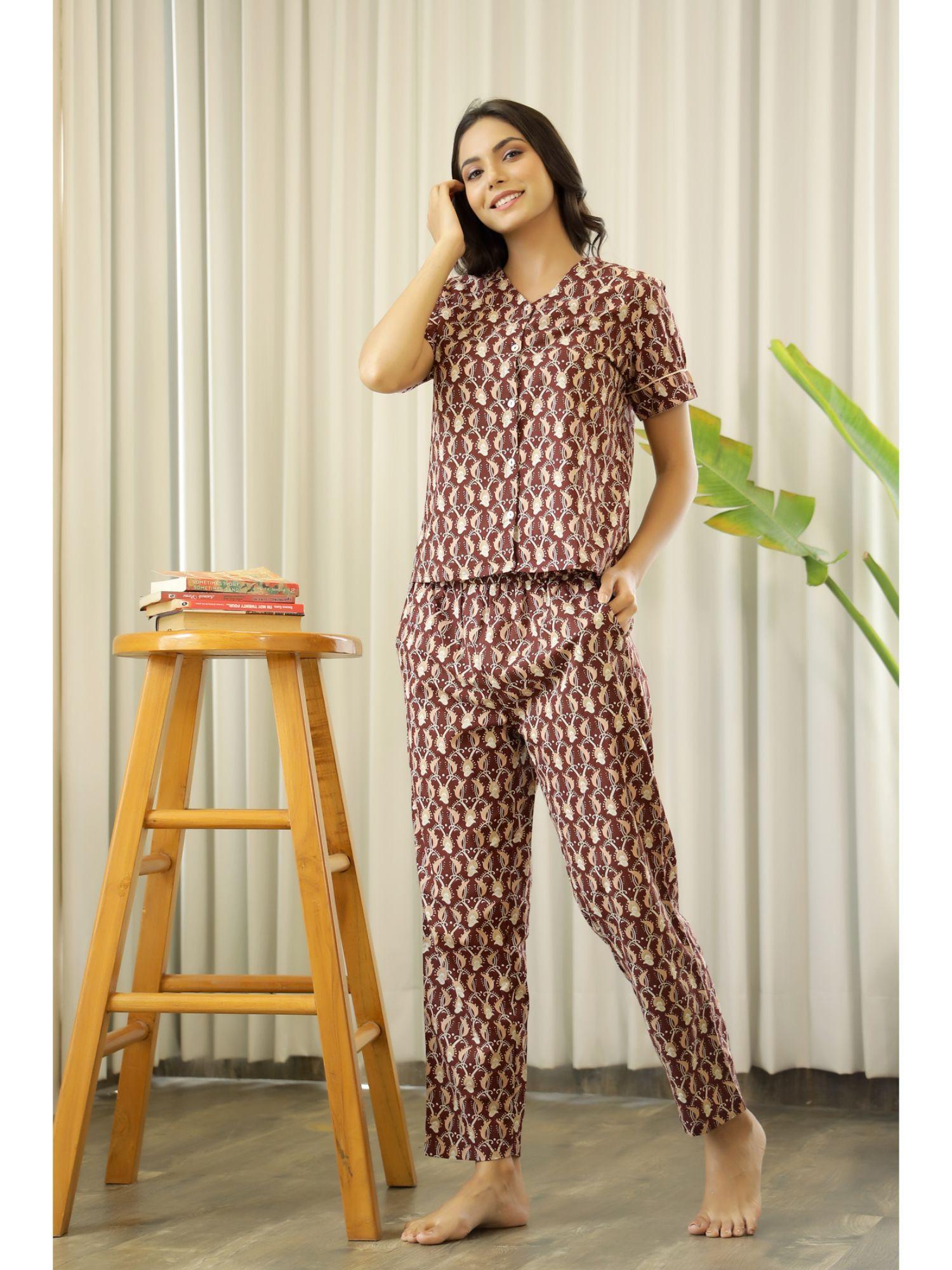 maroon color printed women pure cotton shirt & pyjama night suit (set of 2)