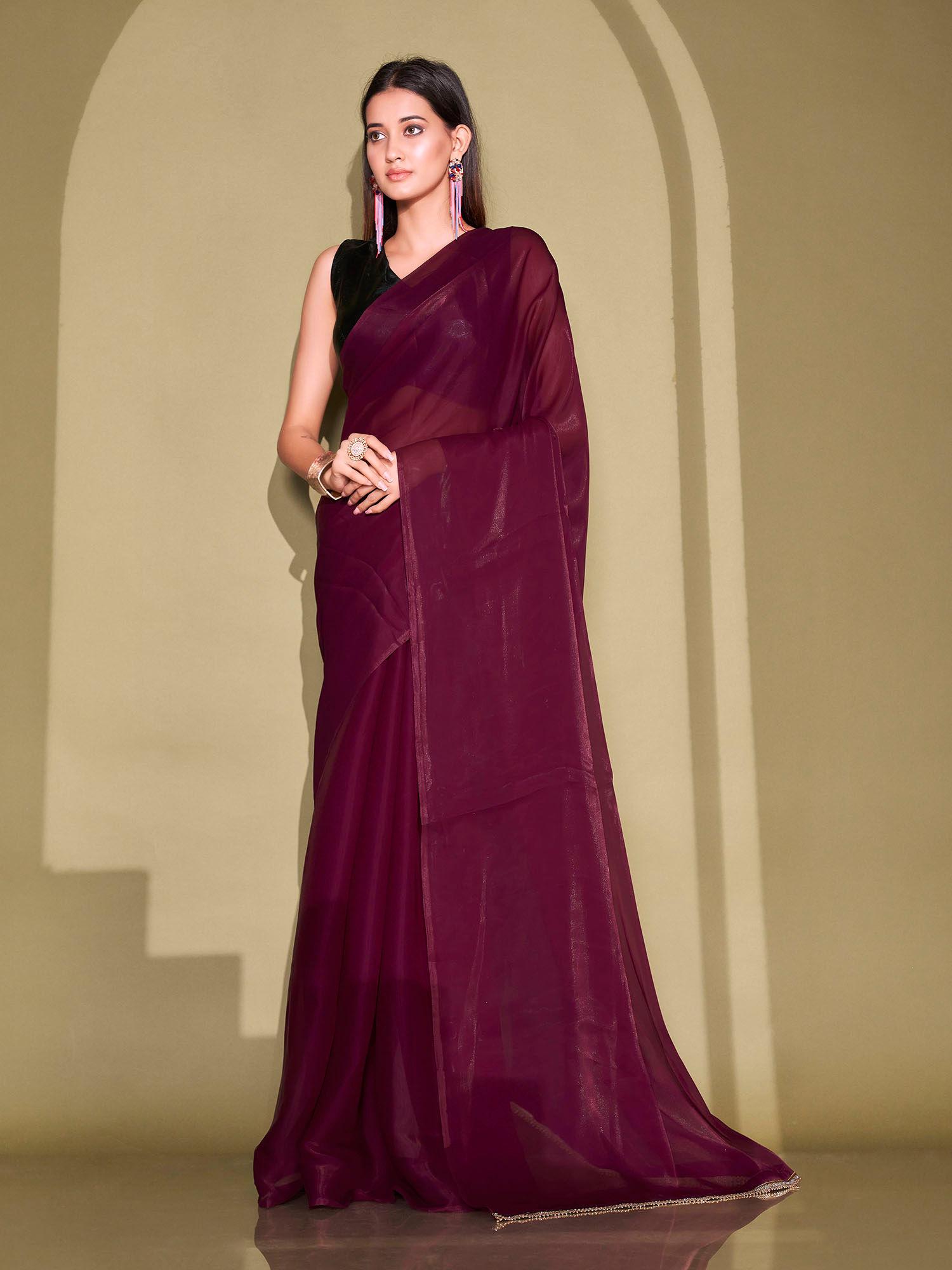 maroon colour organza solid saree with stitched blouse