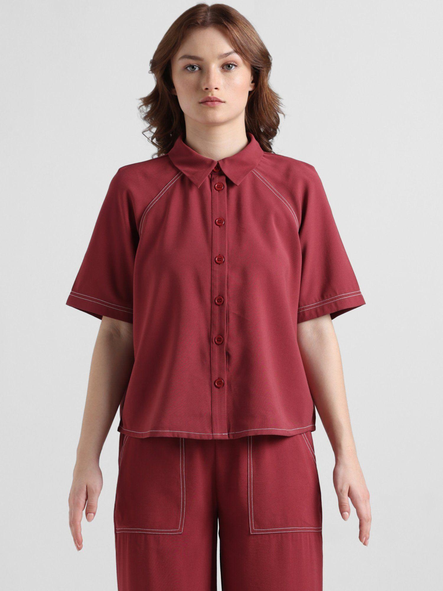 maroon contrast stitch woven shirt