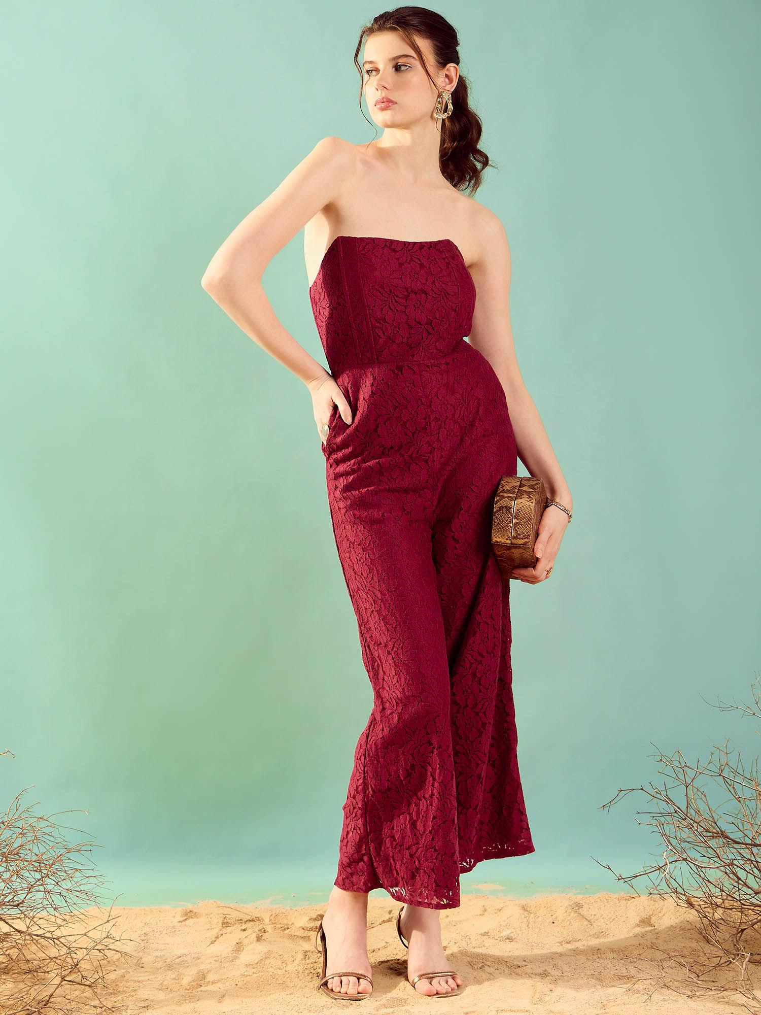 maroon corset embroidered lace jumpsuit