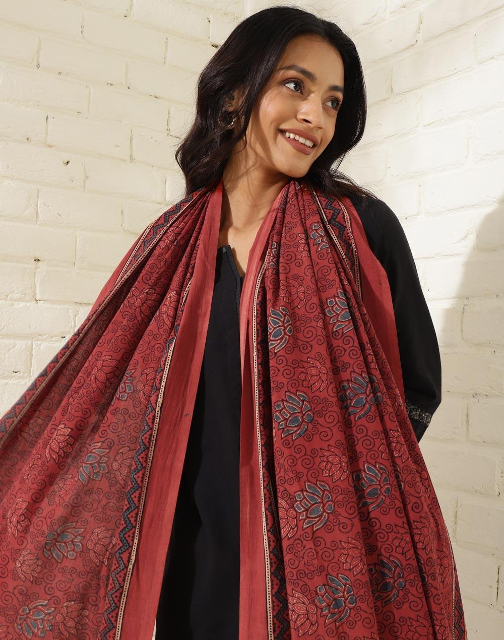 maroon cotton ajrakh printed dupatta