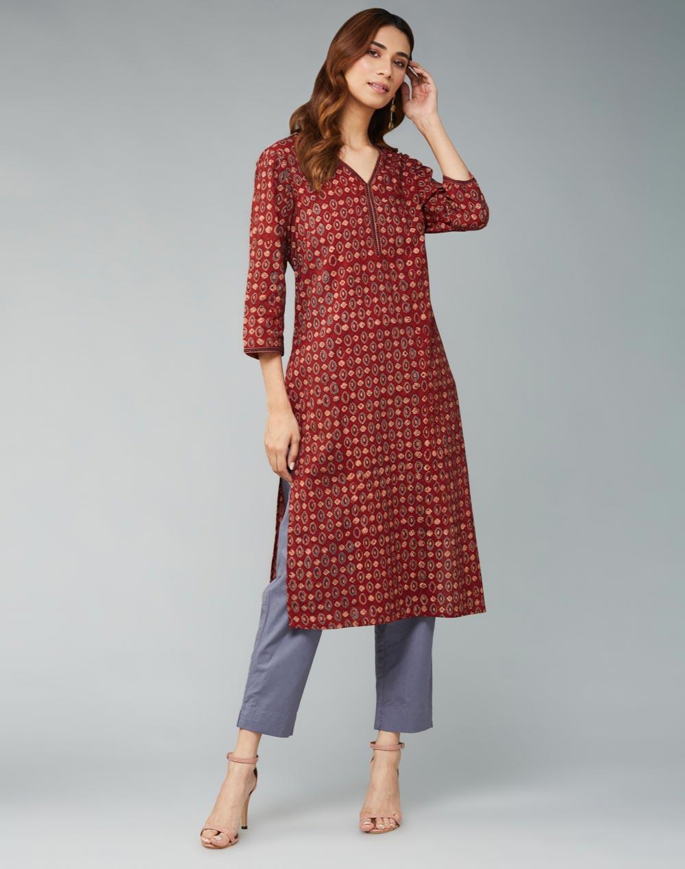 maroon cotton ajrakh printed pants & kurta set