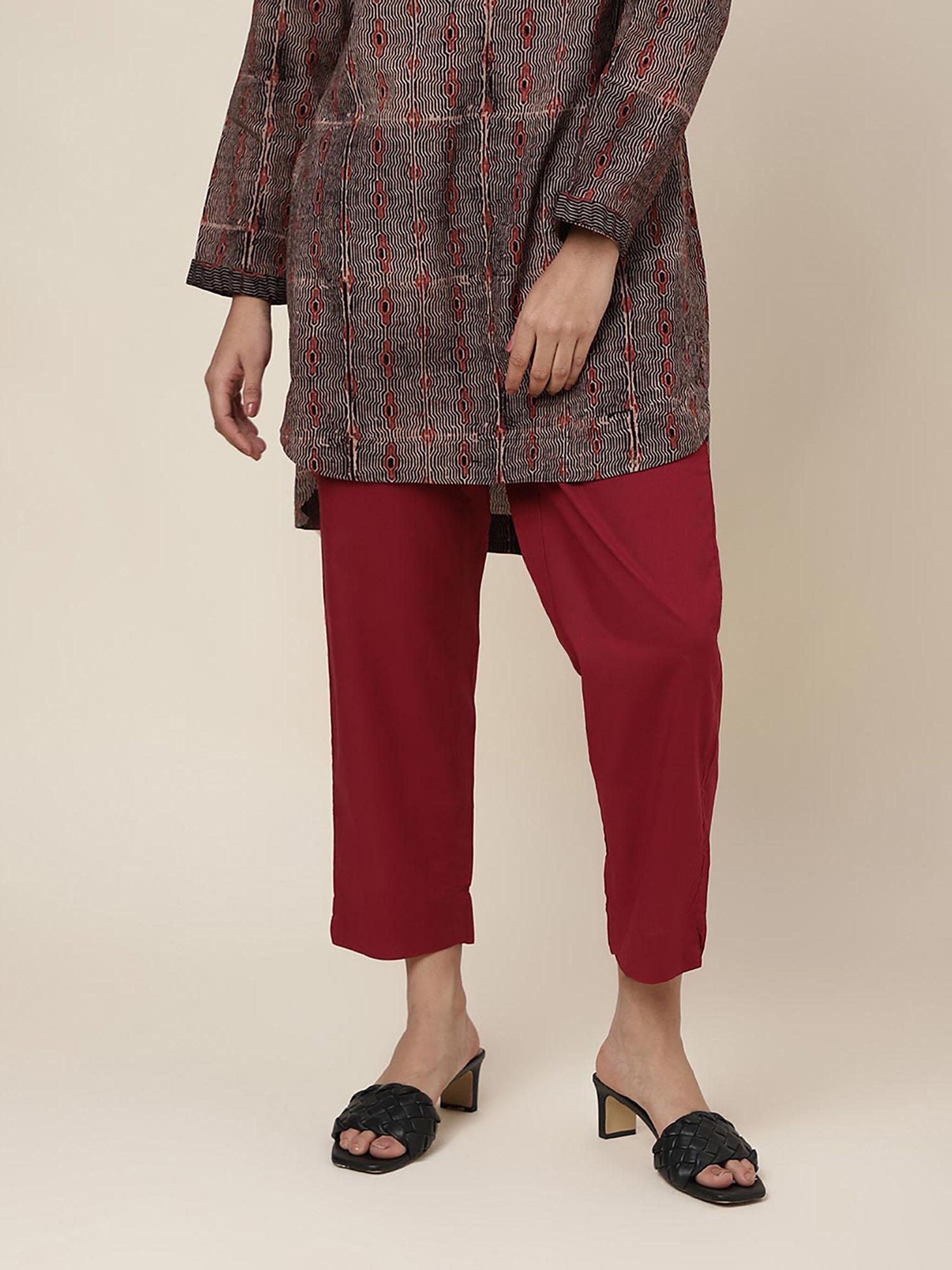 maroon cotton ankle length casual pant