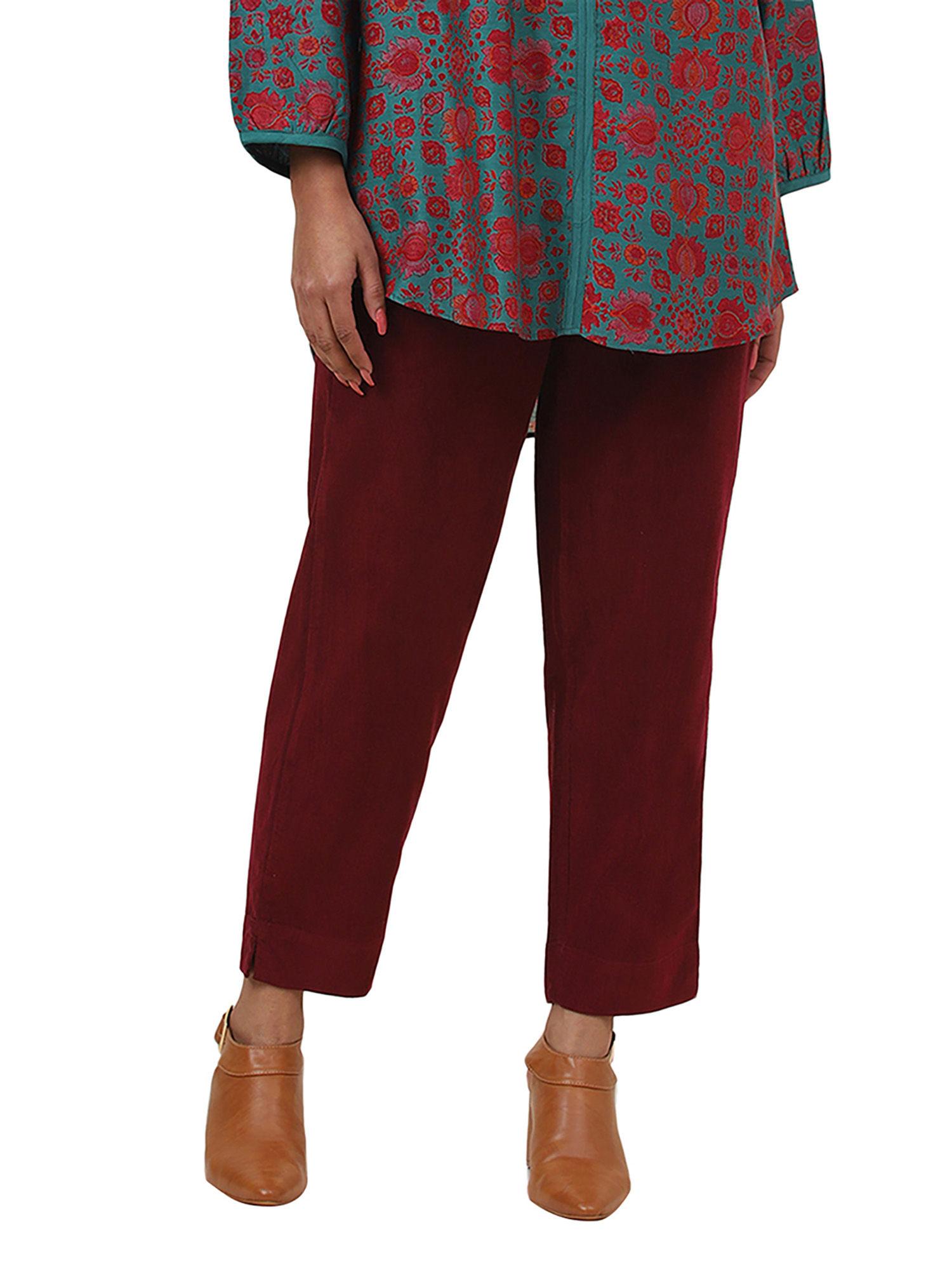 maroon cotton ankle length casual pant