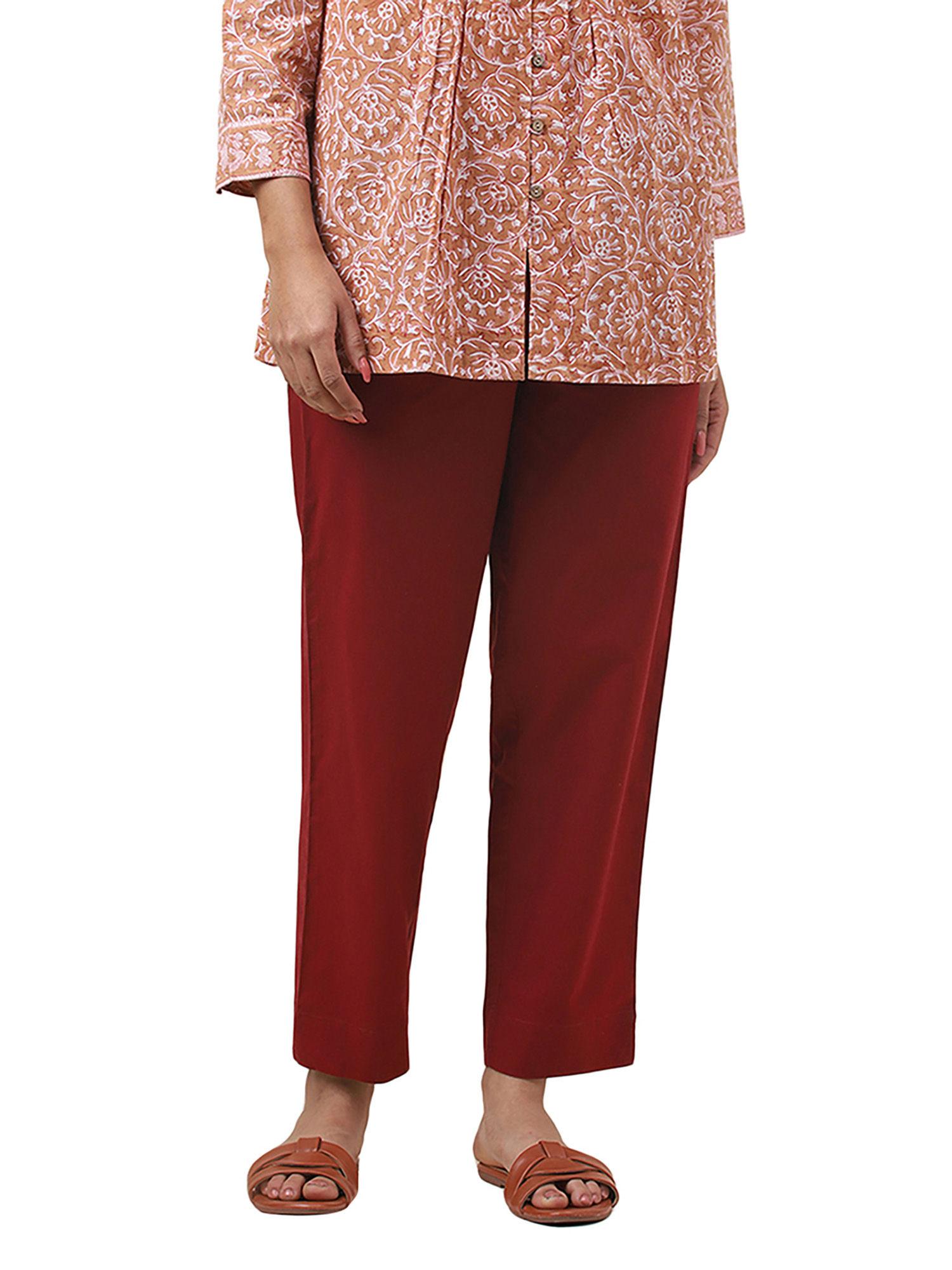 maroon cotton ankle length casual pant