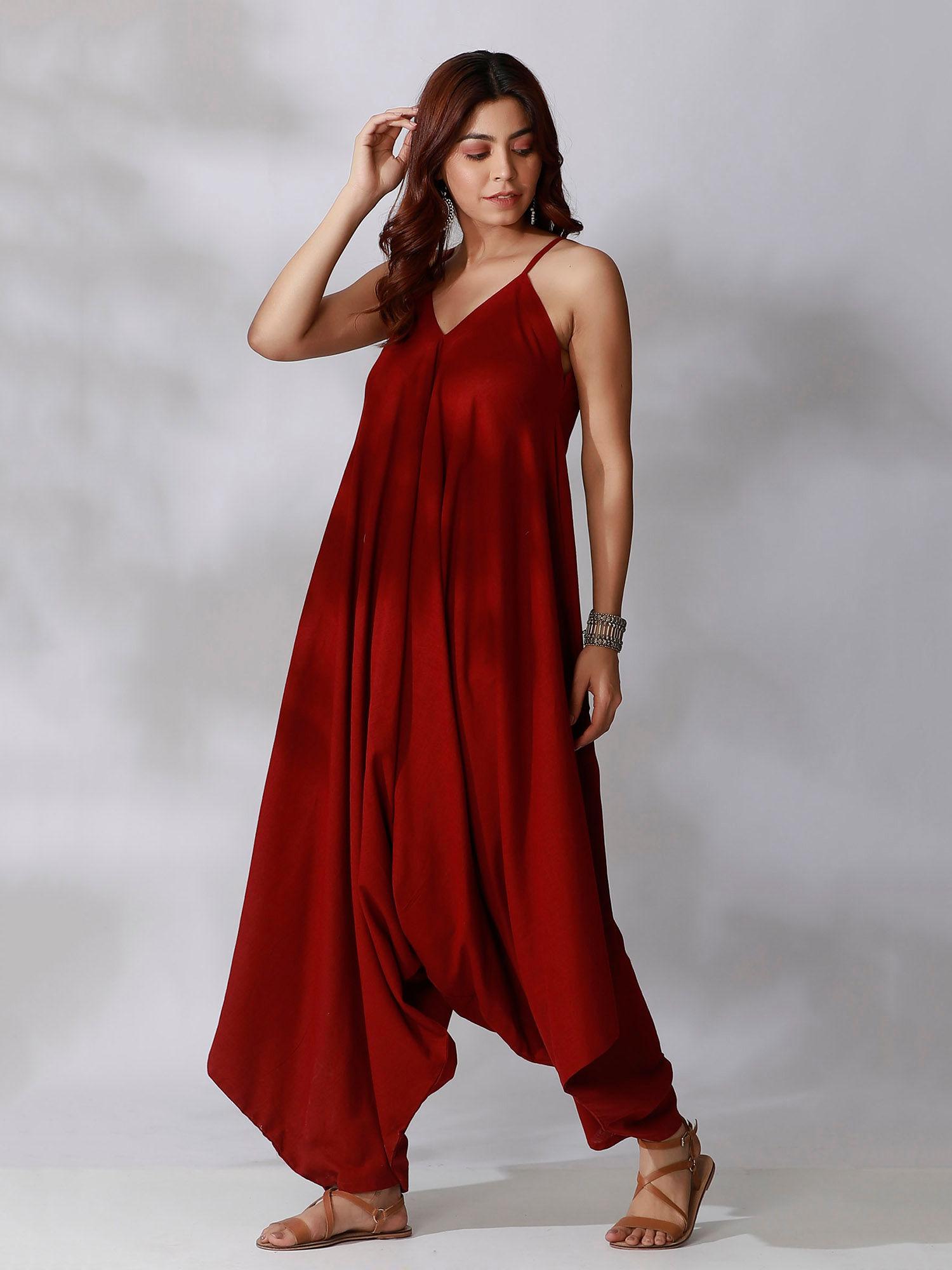 maroon cotton balloon jumpsuit