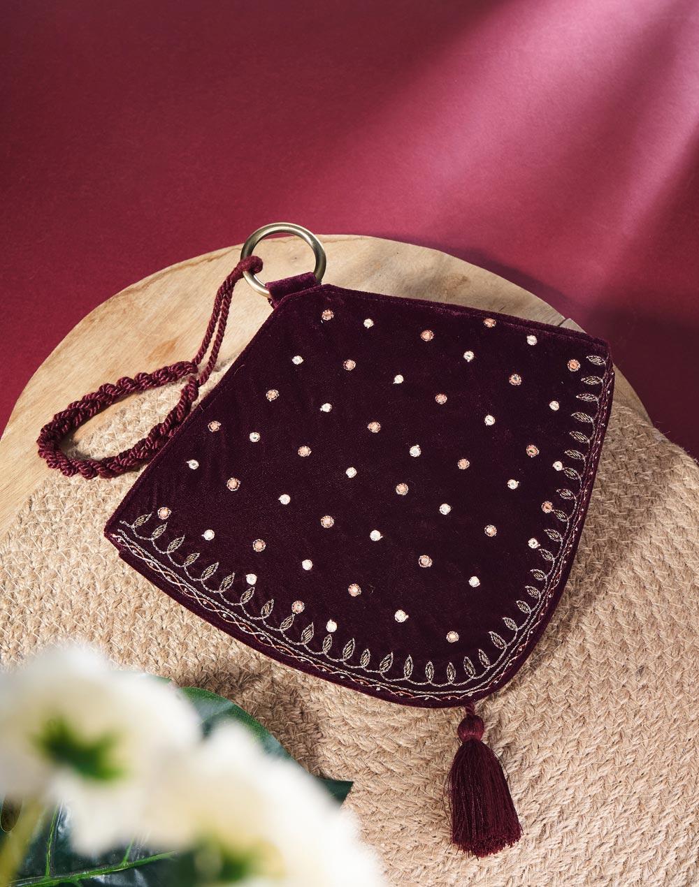 maroon cotton blend hand embroidered potli bag