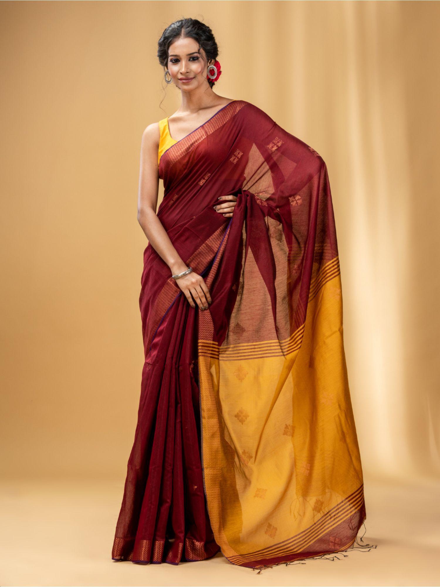 maroon cotton blend handwoven saree with texture motifs with unstitched blouse