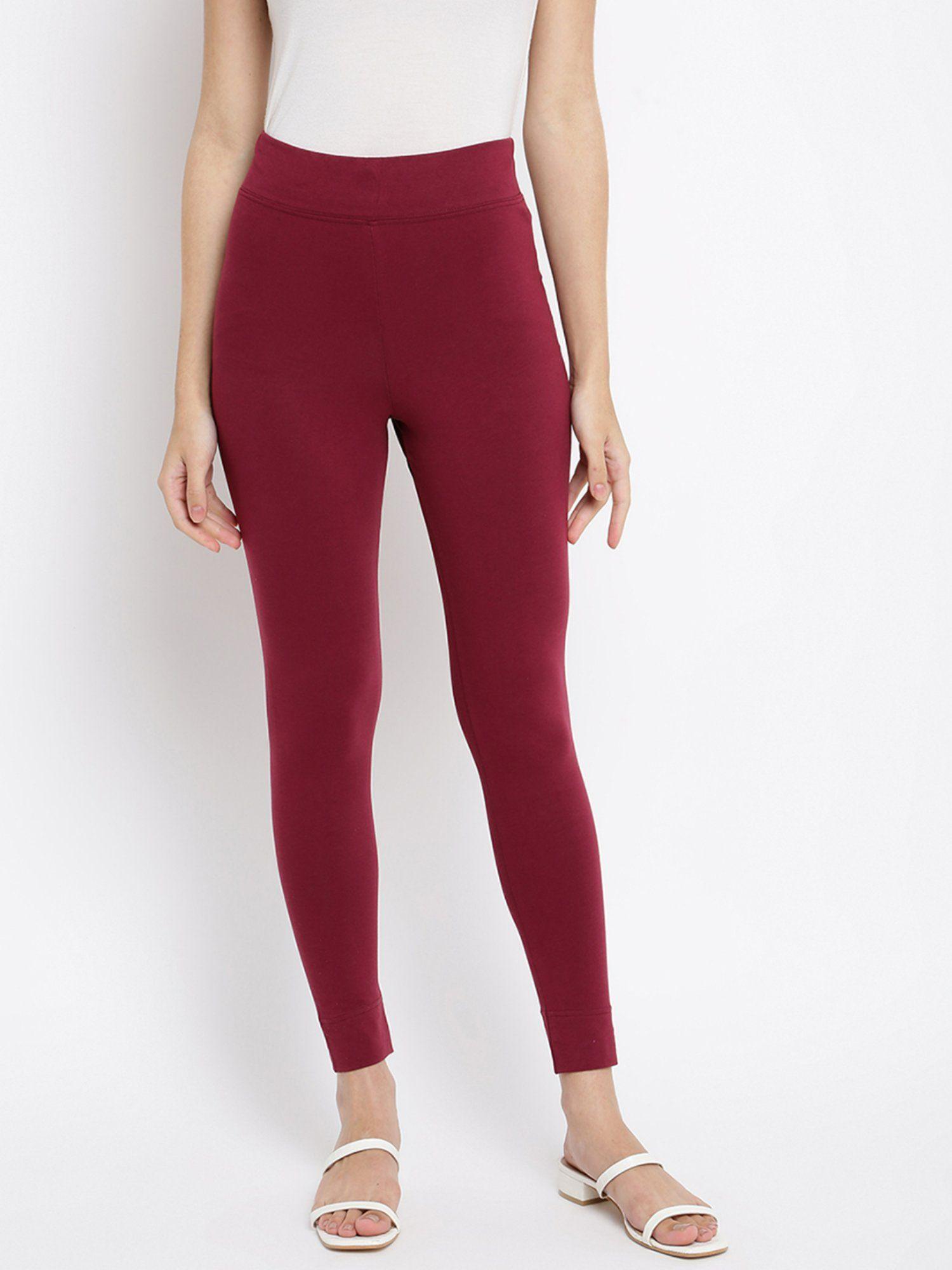 maroon cotton blend skinny fit leggings