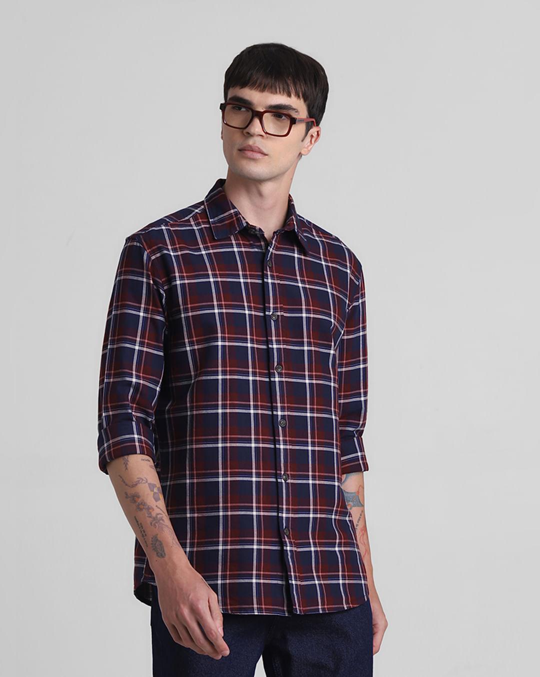 maroon cotton check full sleeves shirt