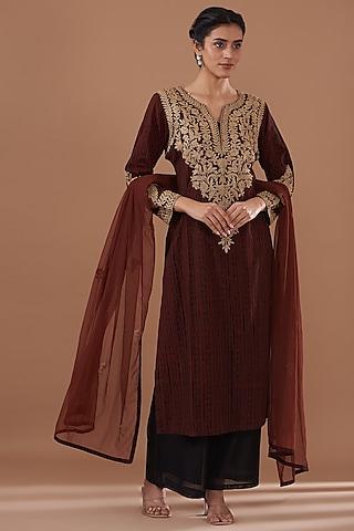 maroon cotton dabu printed & dori embroidered kurta set