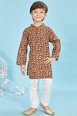 maroon cotton elephant printed kurta set for boys
