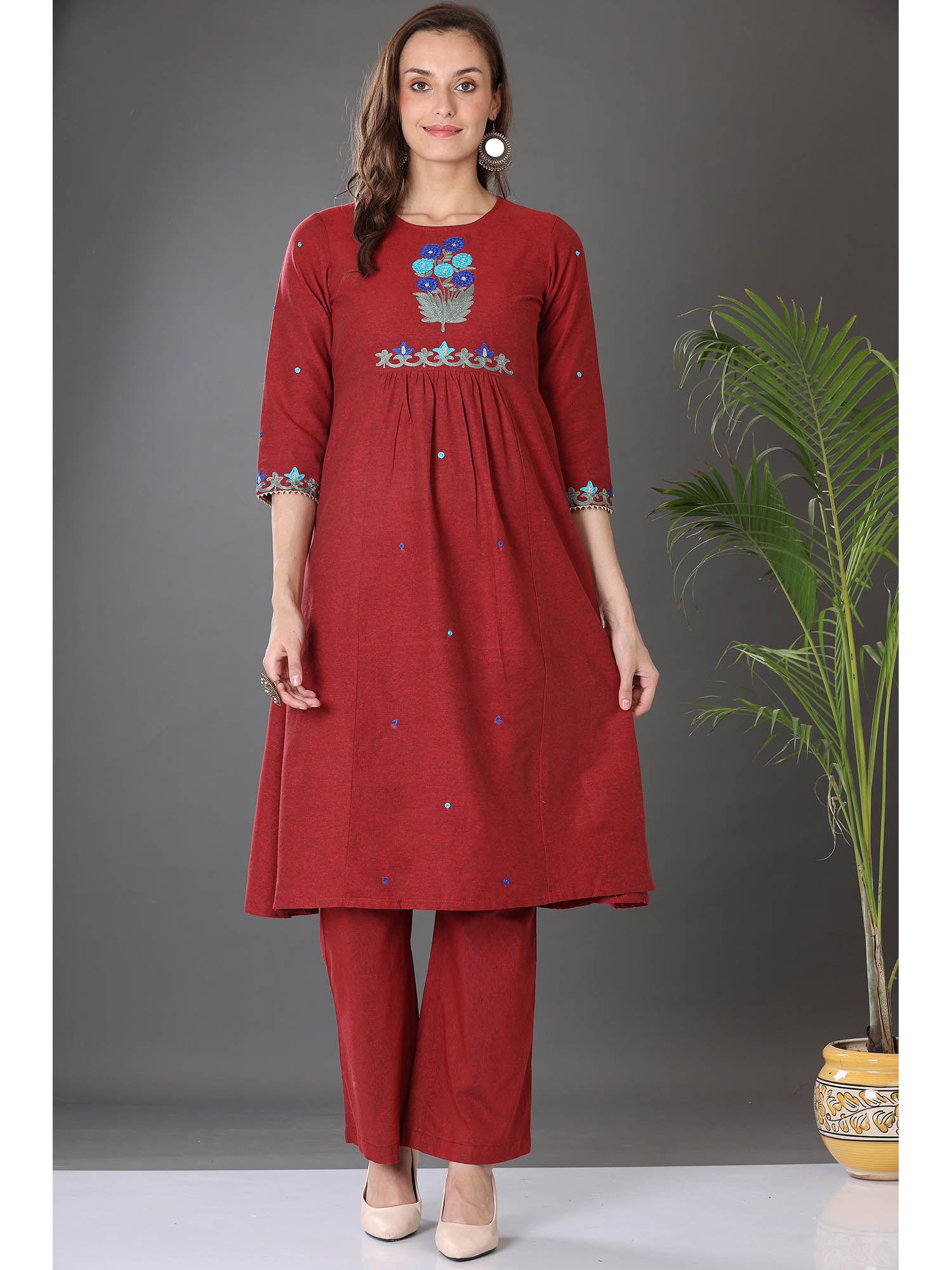 maroon cotton embroidered flared kurta pants (set of 2)