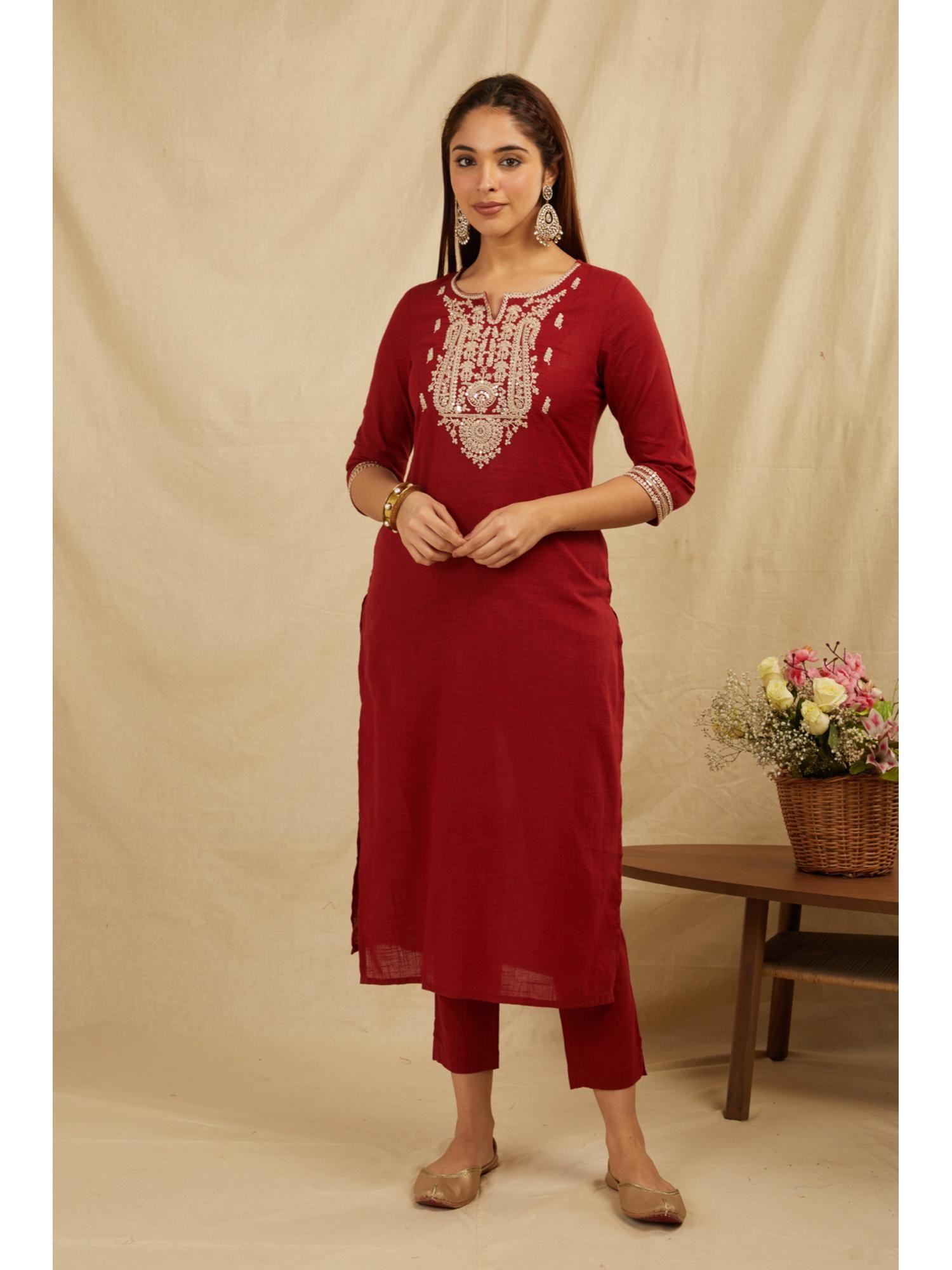 maroon cotton embroidered kurta pant (set of 2)