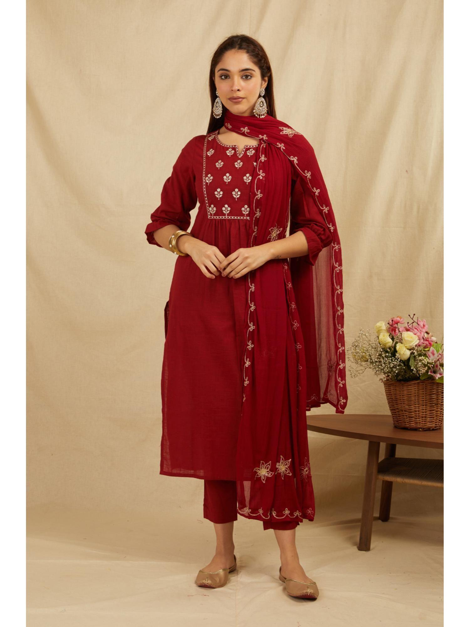 maroon cotton embroidered kurta pant with dupatta (set of 3)