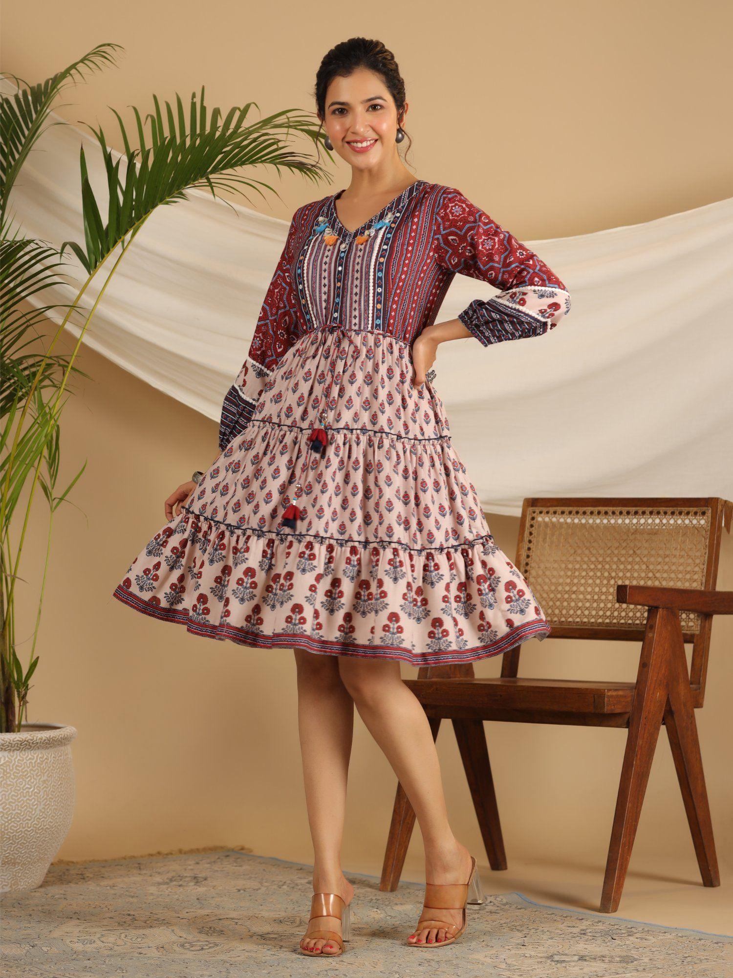 maroon cotton ethnic motif print short dress with kantha work tassel coin kaudi & sequins work