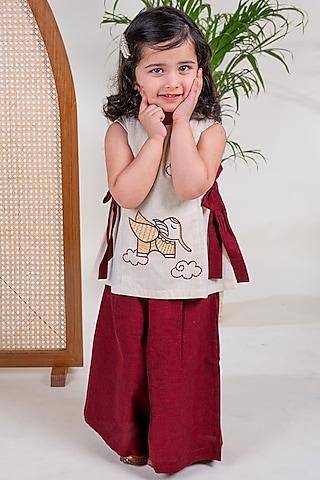 maroon cotton flared culotte pant set for girls