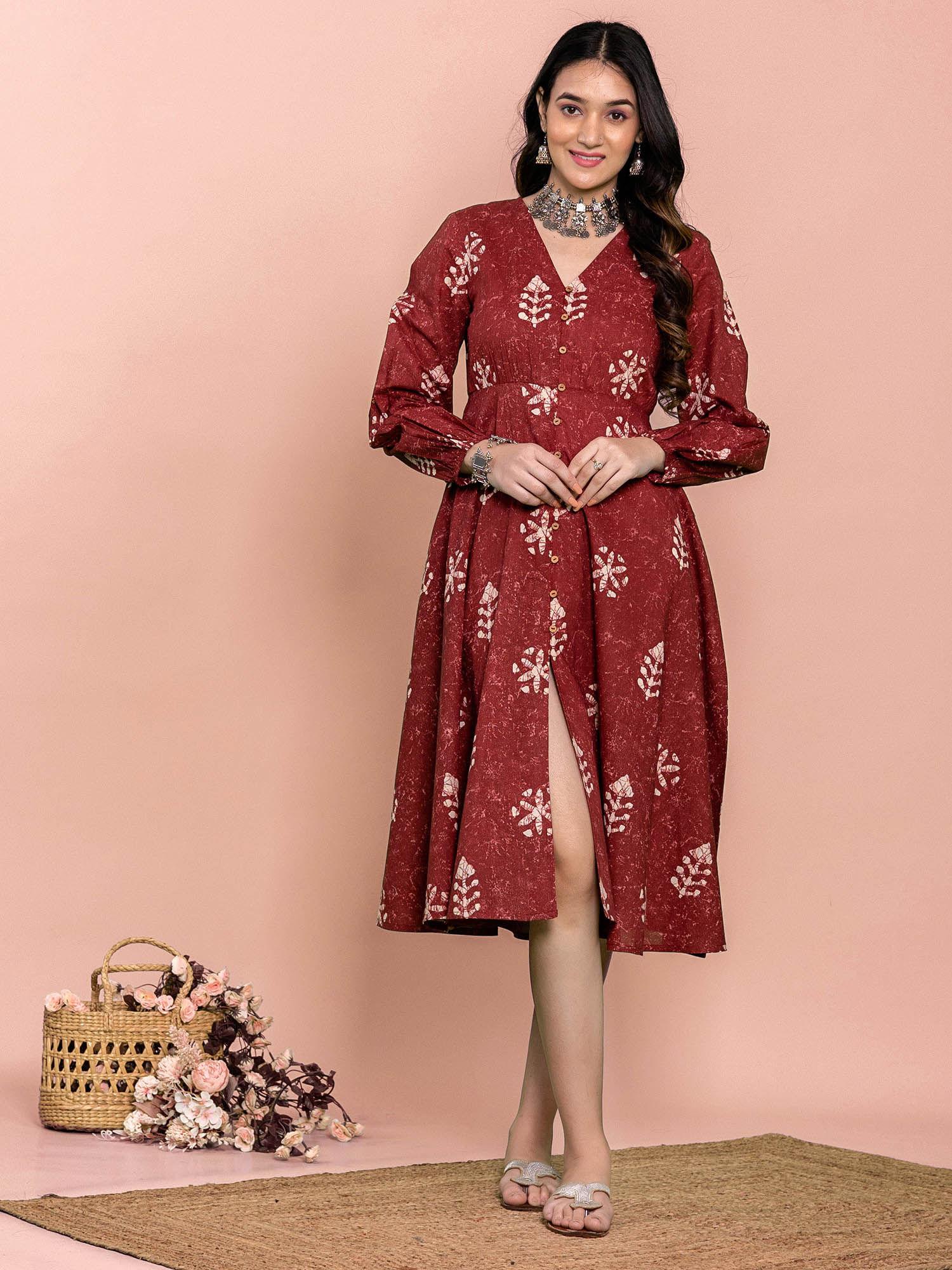 maroon cotton flared floral printed dress