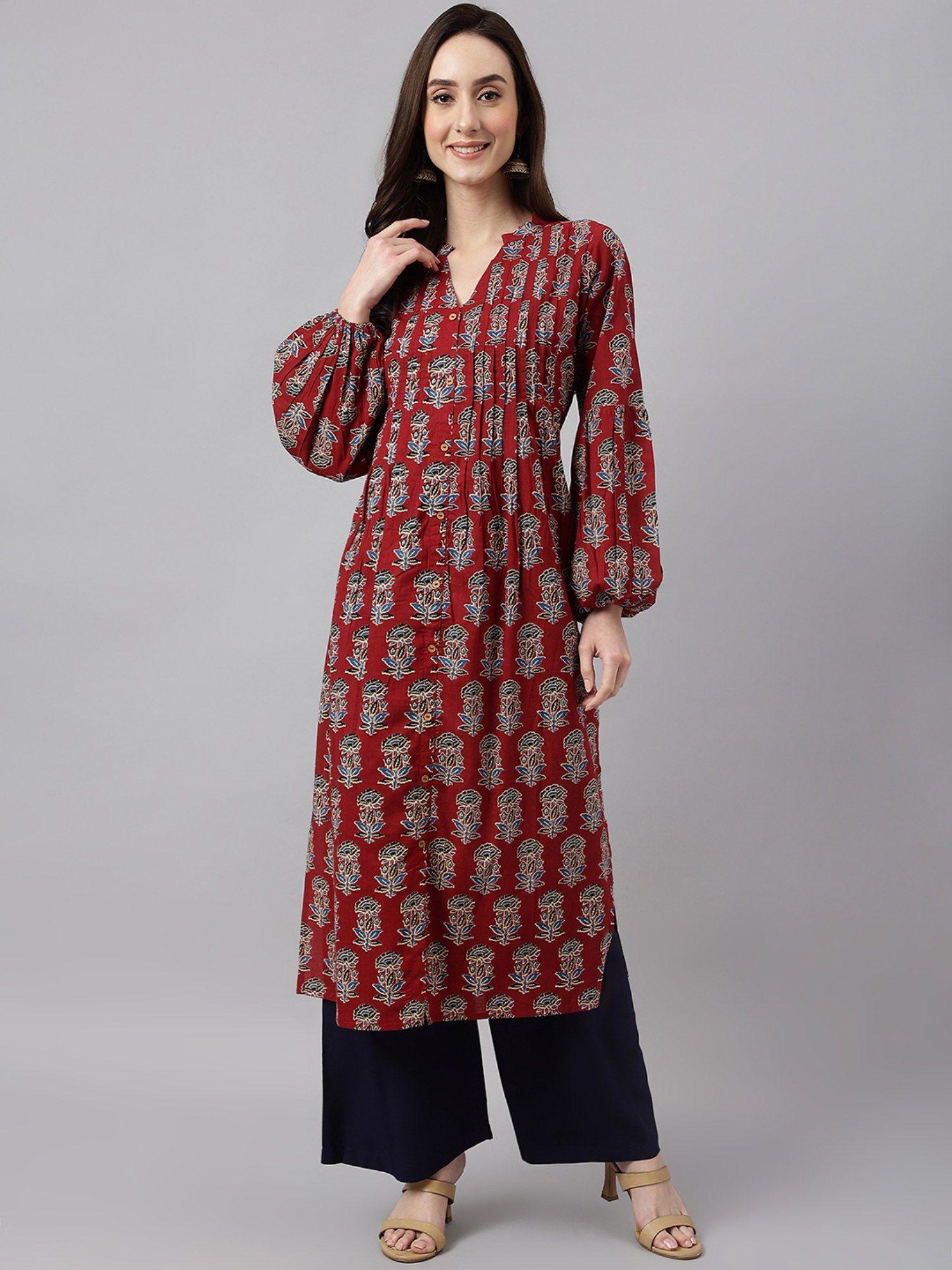 maroon cotton floral print flared kurta