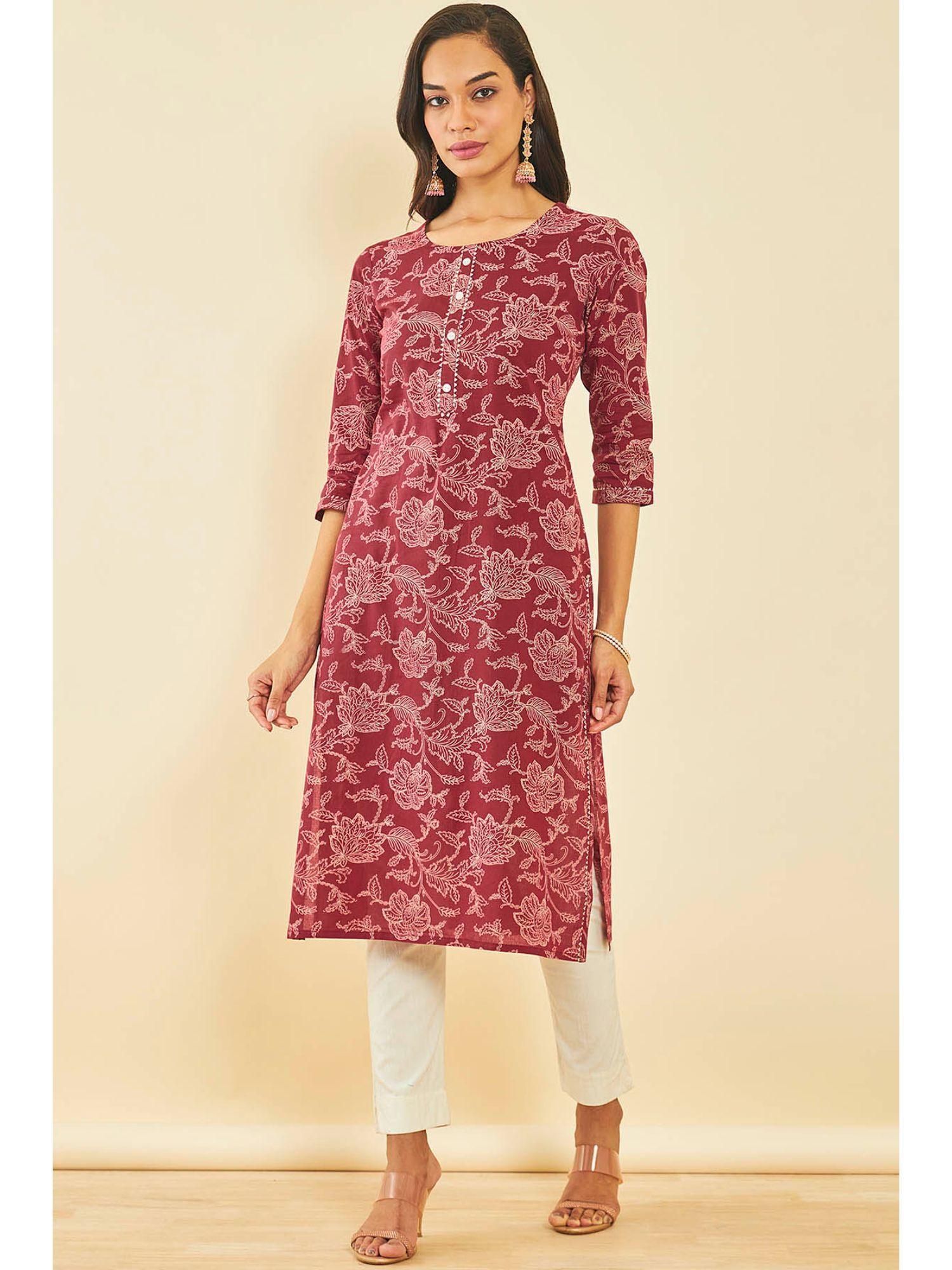 maroon cotton floral print kurta